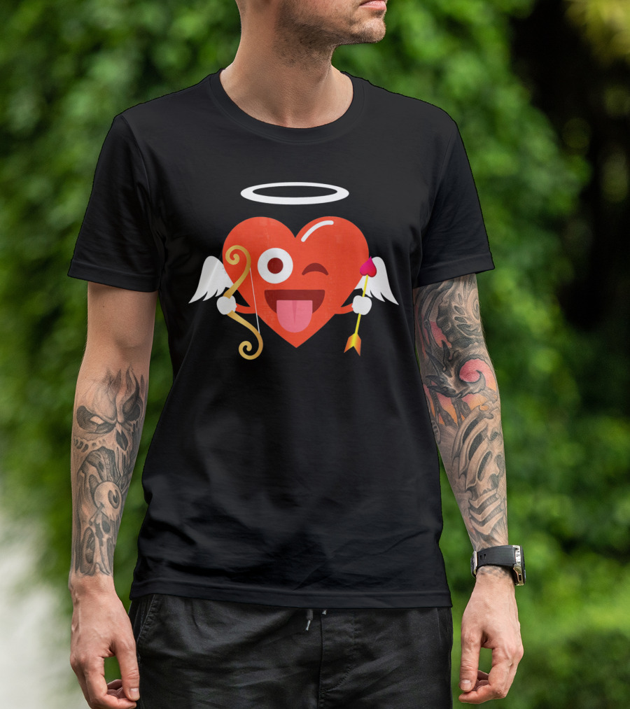 Cupid Heart Emoji Halo Wink Tongue Out Bow Arrow T-Shirt