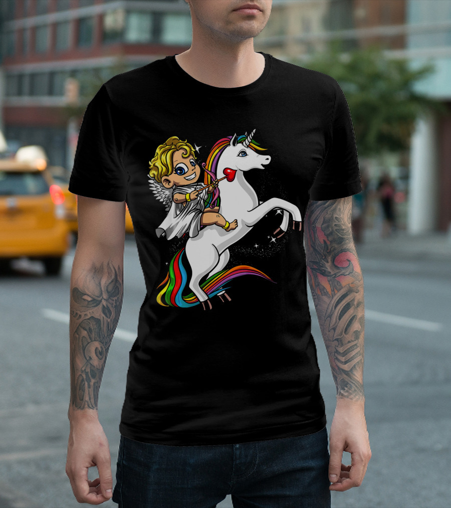 Cupid Riding Colorful Unicorn Valentines Day Magic T-Shirt