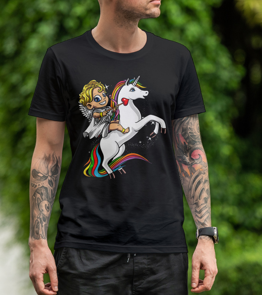 Cupid Riding Colorful Unicorn Valentines Day Magic T-Shirt