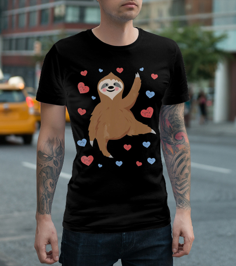 Cute Cuddly Sloth Surrounded By Red And Blue Hearts Valentine's Day T-Shirt