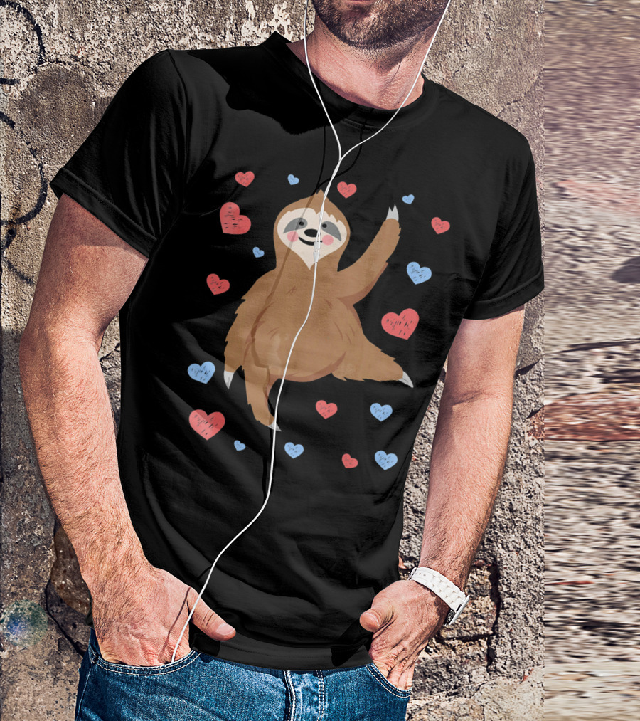 Cute Cuddly Sloth Surrounded By Red And Blue Hearts Valentine's Day T-Shirt