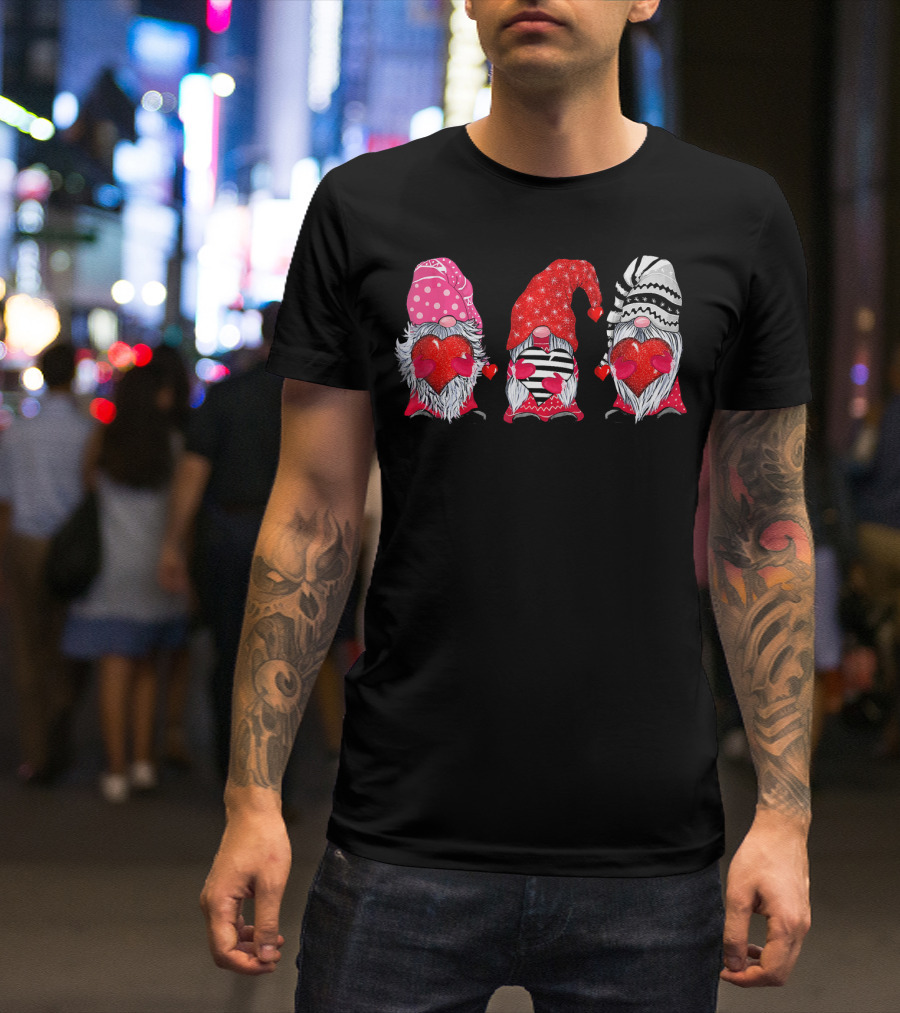 Cute Gnomes Valentine's Couple Heart Match Striped Red Hat Polka Dot T-Shirt