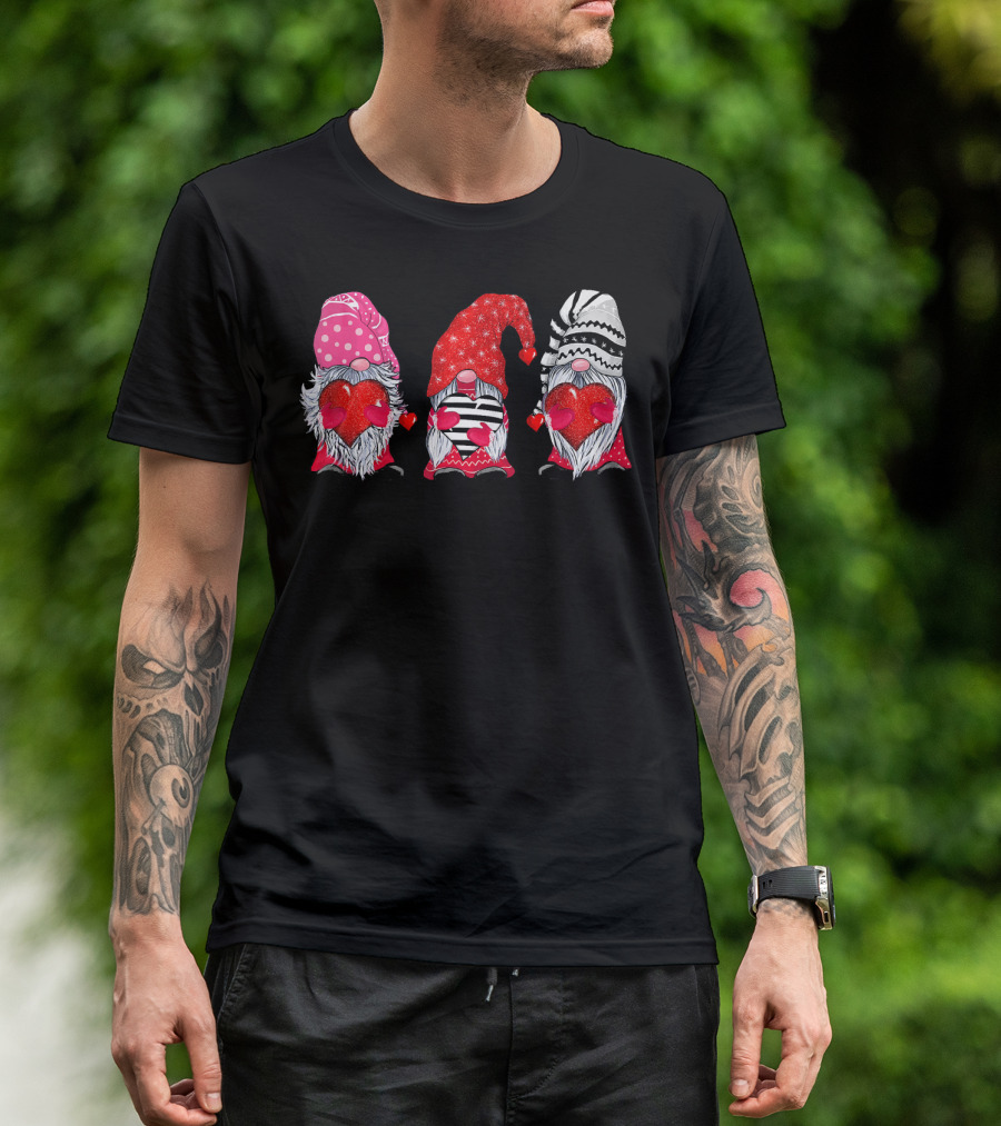 Cute Gnomes Valentine's Couple Heart Match Striped Red Hat Polka Dot T-Shirt