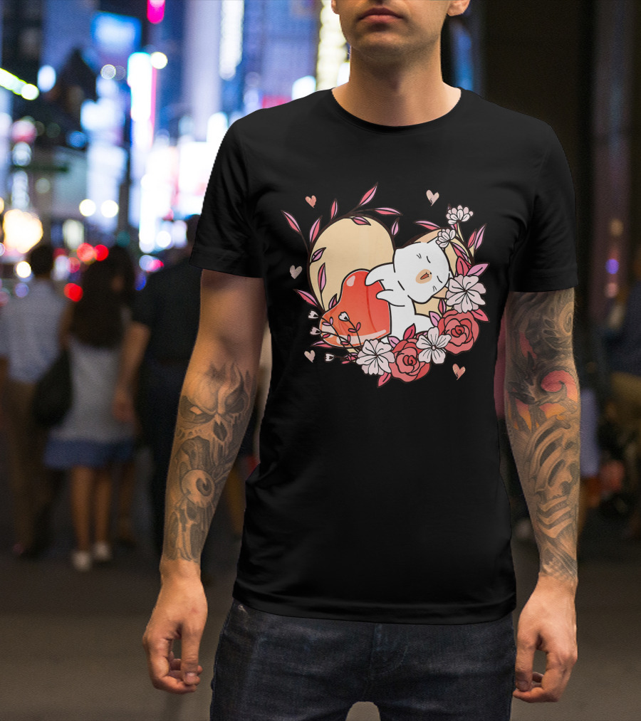 Cute Kawaii Cat Hugging Heart Surrounded By Valentines Day Flowers T-Shirt