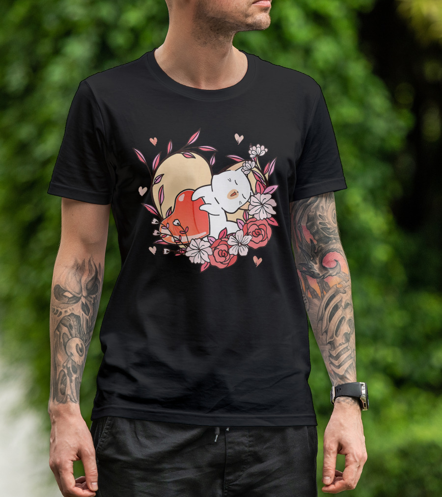 Cute Kawaii Cat Hugging Heart Surrounded By Valentines Day Flowers T-Shirt