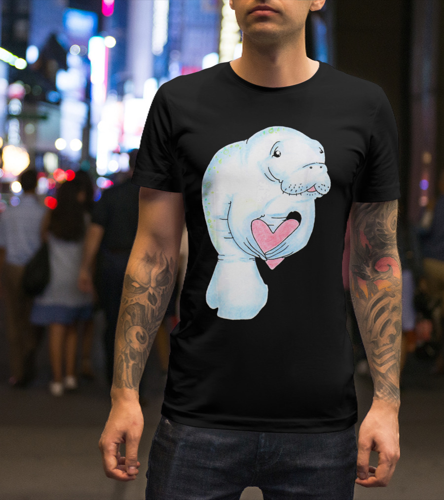 Manatee Holding Heart Valentines Day T-Shirt