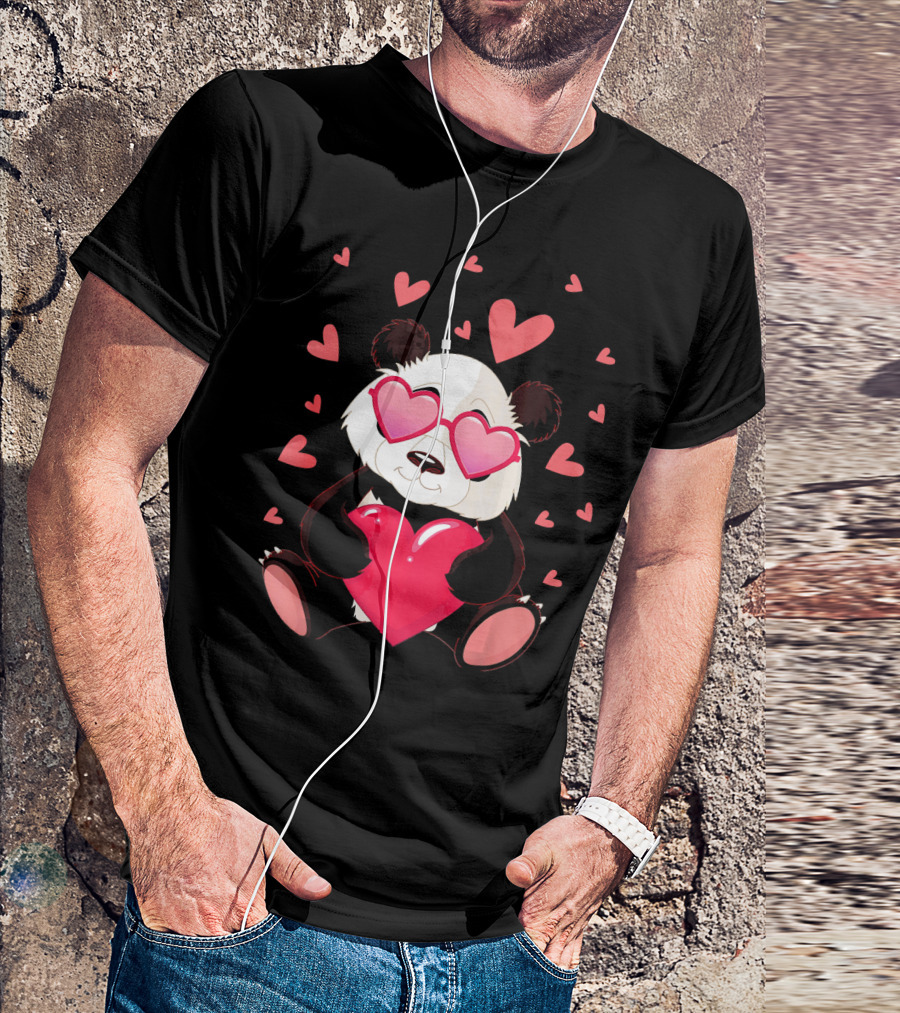 Cute Panda With Heart Glasses Valentines Day T-Shirt