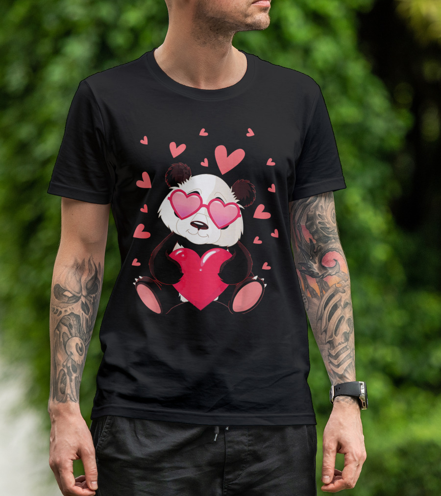 Cute Panda With Heart Glasses Valentines Day T-Shirt