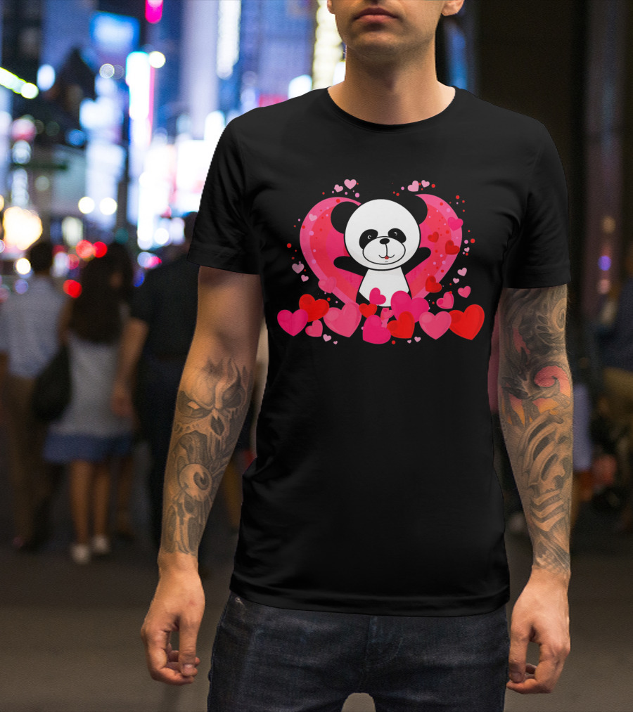 Cute Panda Surrounded By Pink And Red Hearts With Large Heart Background T-Shirt