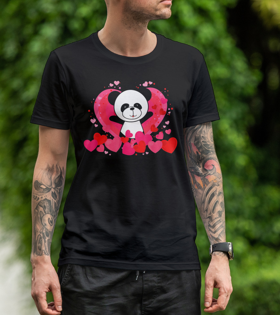 Cute Panda Surrounded By Pink And Red Hearts With Large Heart Background T-Shirt