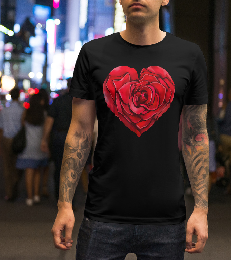 Cute Red Heart Rose Flower Art Bloom Blossom T-Shirt