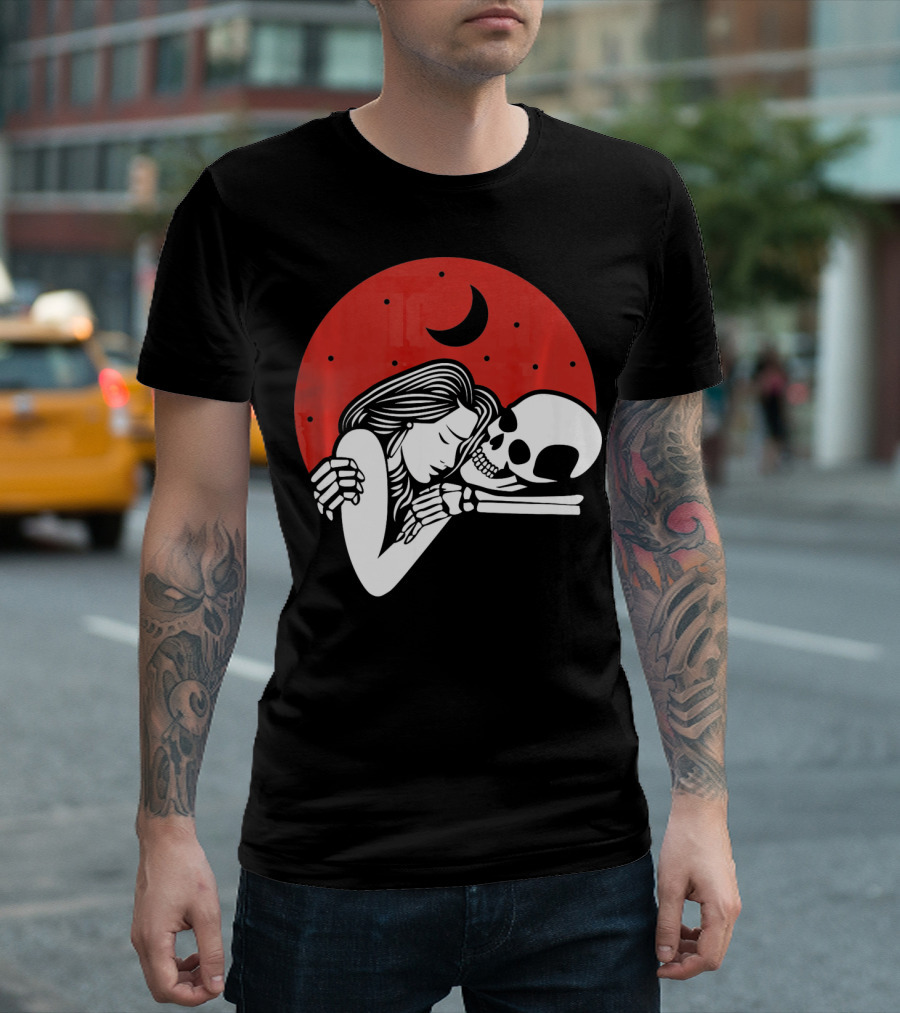 Cute Skeleton Romantic Valentines Moon Embrace T-Shirt
