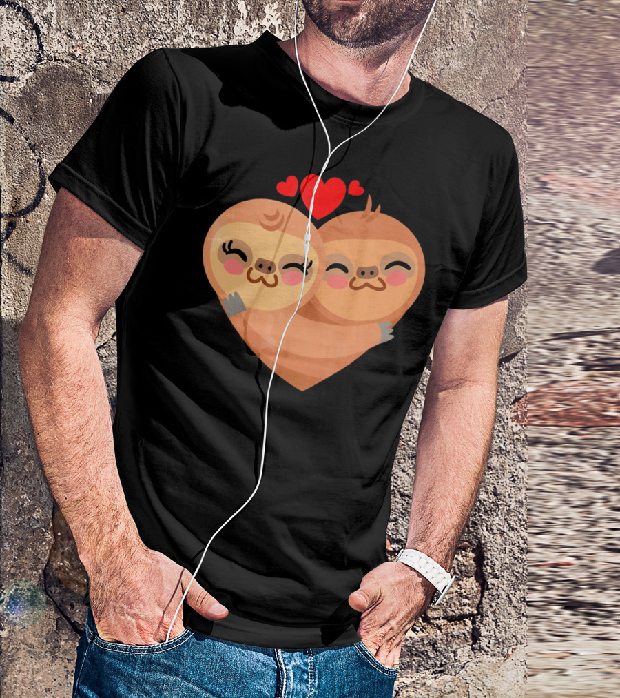 Cute Sloth Love Heart Valentines Pair With Red Hearts T-Shirt