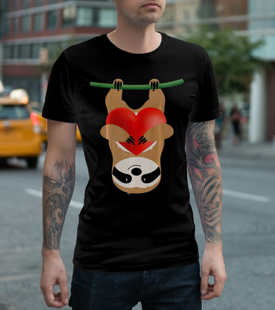 Cute Upside Down Sloth Hugging Red Heart Valentines Love T-Shirt