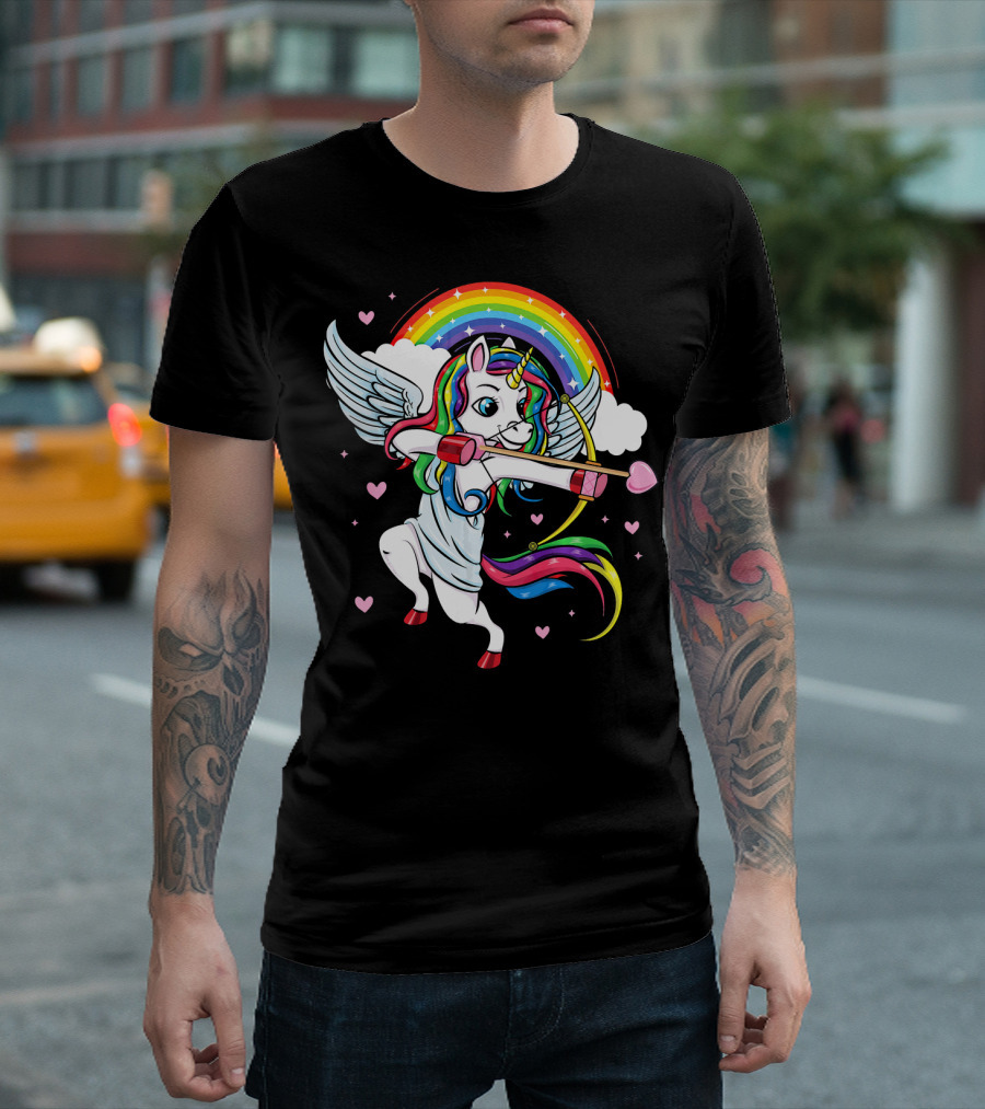 Cute Unicorn Cupid Rainbow Valentines Day Heart Girls T-Shirt