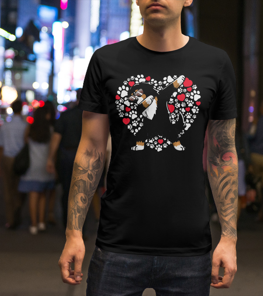 Bernese Mountain Dog Dabbing Heart Paw Prints Valentine T-Shirt