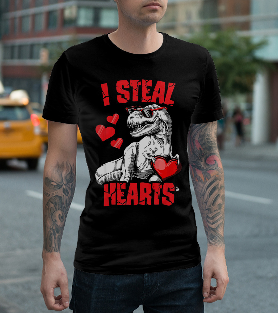 I Steal Hearts Boys Valentines Day Kids Dinosaur T-Shirt