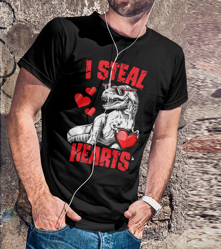 I Steal Hearts Boys Valentines Day Kids Dinosaur T-Shirt