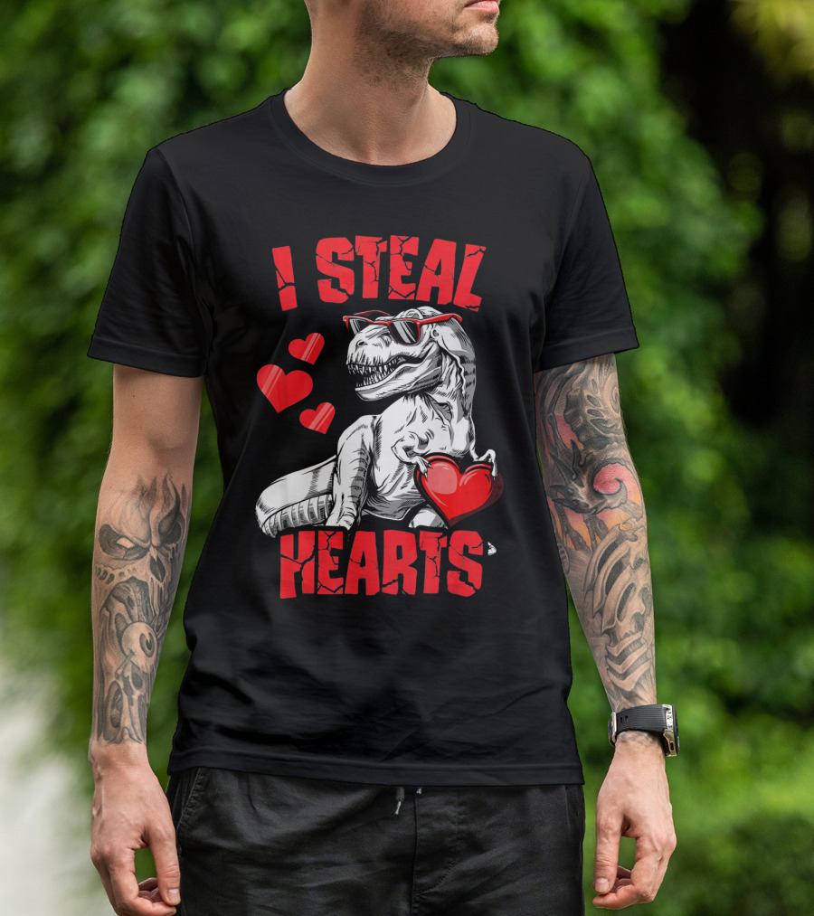 I Steal Hearts Boys Valentines Day Kids Dinosaur T-Shirt