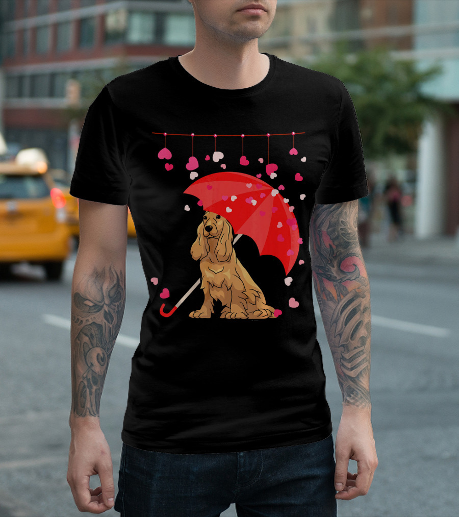 Cocker Spaniel Under Red Umbrella with Falling Hearts Valentines T-Shirt