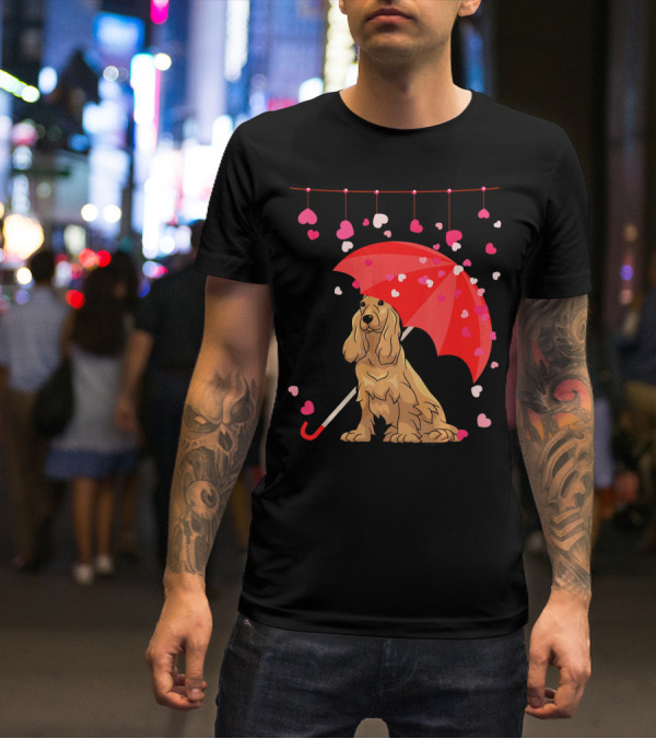 Cocker Spaniel Under Red Umbrella With Falling Hearts Valentines T-Shirt