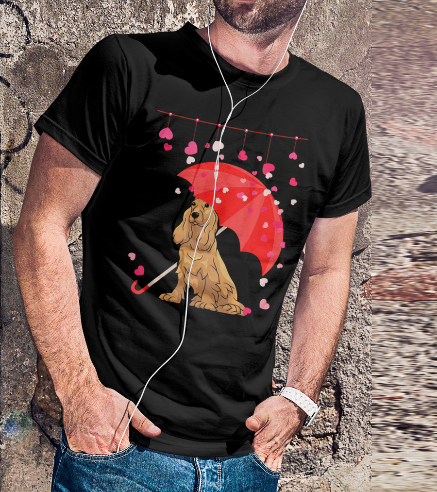 Cocker Spaniel Under Red Umbrella With Falling Hearts Valentines T-Shirt