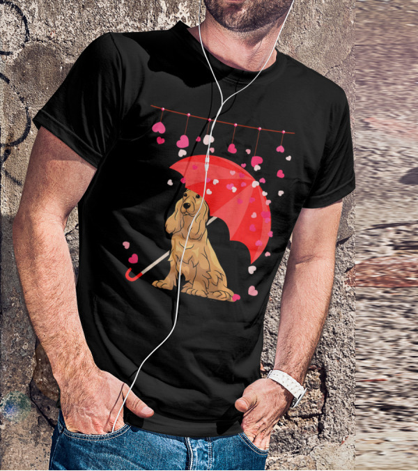 Cocker Spaniel Under Red Umbrella With Falling Hearts Valentines T-Shirt