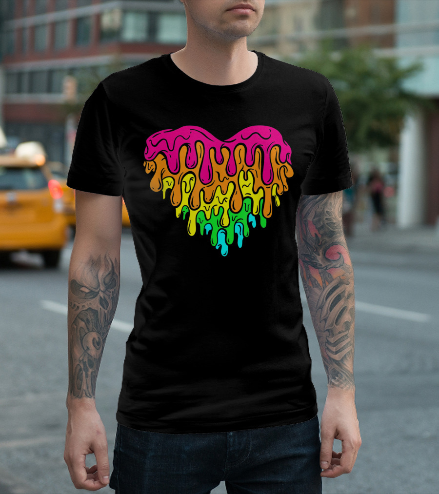 Cool Retro 80s Neon Dripping Rainbow Valentines Day Heart T-Shirt