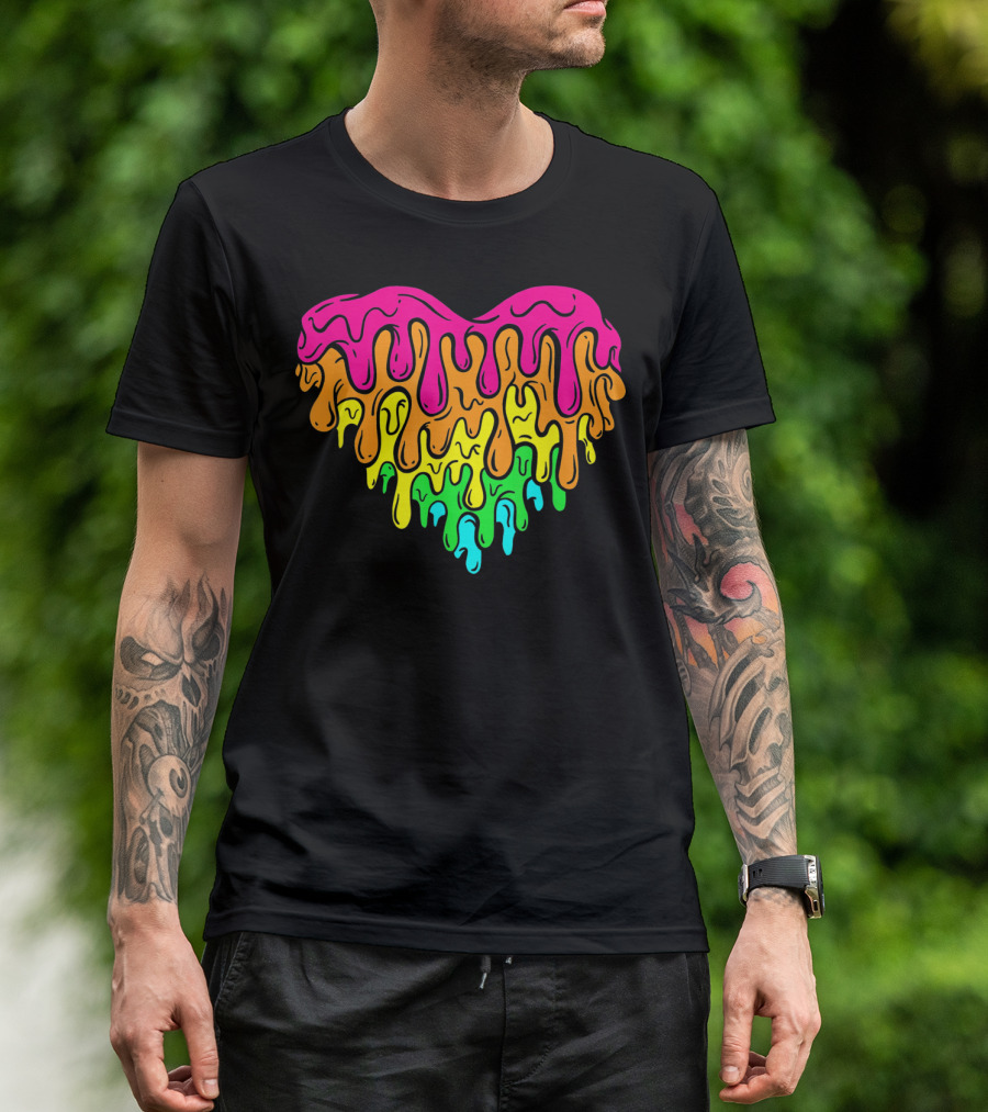 Cool Retro 80s Neon Dripping Rainbow Valentines Day Heart T-Shirt