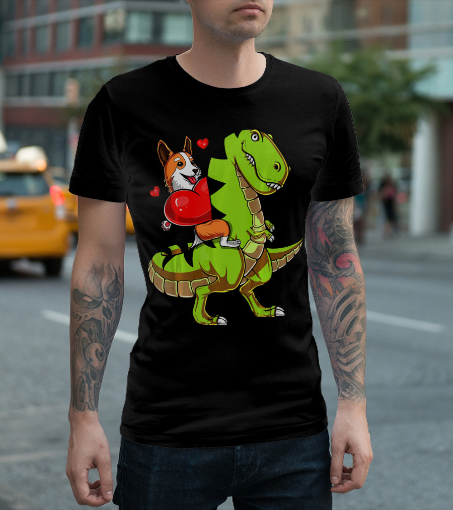 Corgi Dog Riding T-Rex Dinosaur With Hearts Valentin T-Shirt