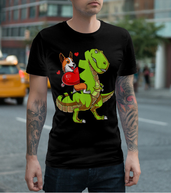 Corgi Dog Riding T-Rex Dinosaur With Hearts Valentin T-Shirt