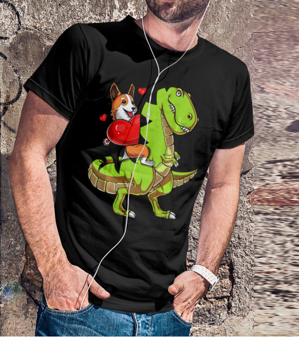 Corgi Dog Riding T-Rex Dinosaur With Hearts Valentin T-Shirt