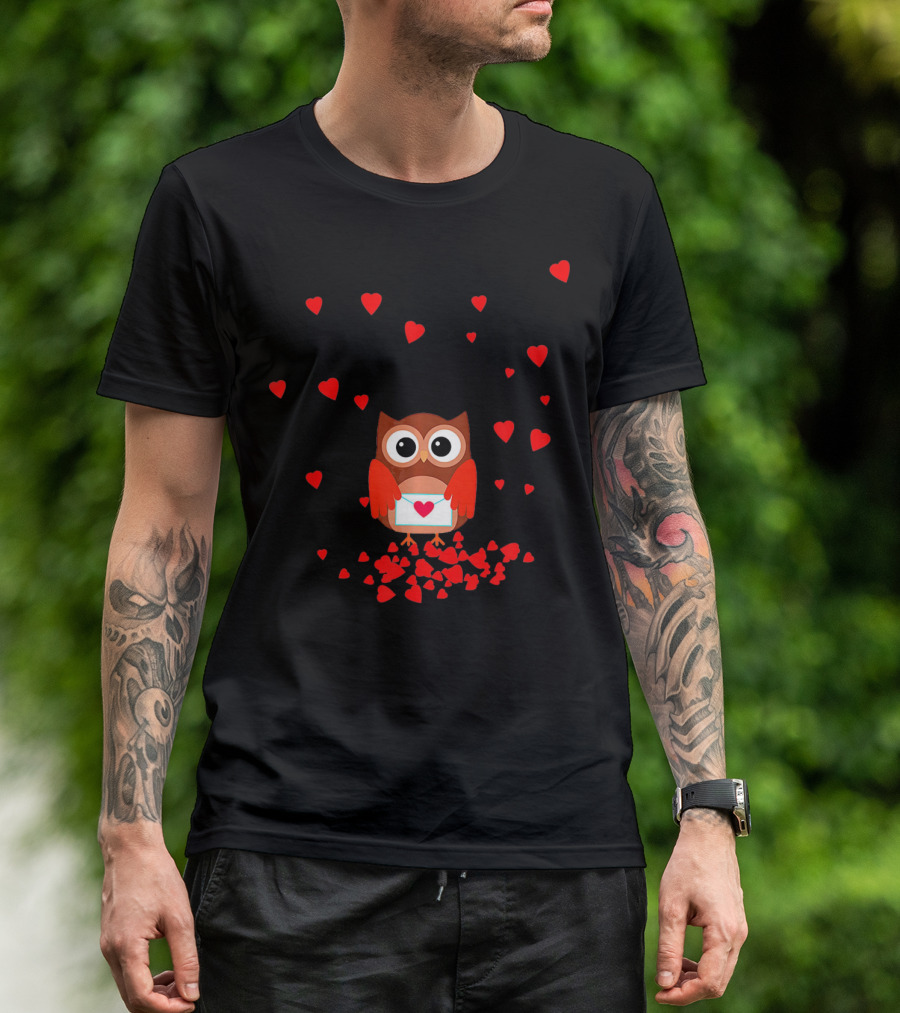 Valentine Owl Holding Love Letter Surrounded By Hearts T-Shirt