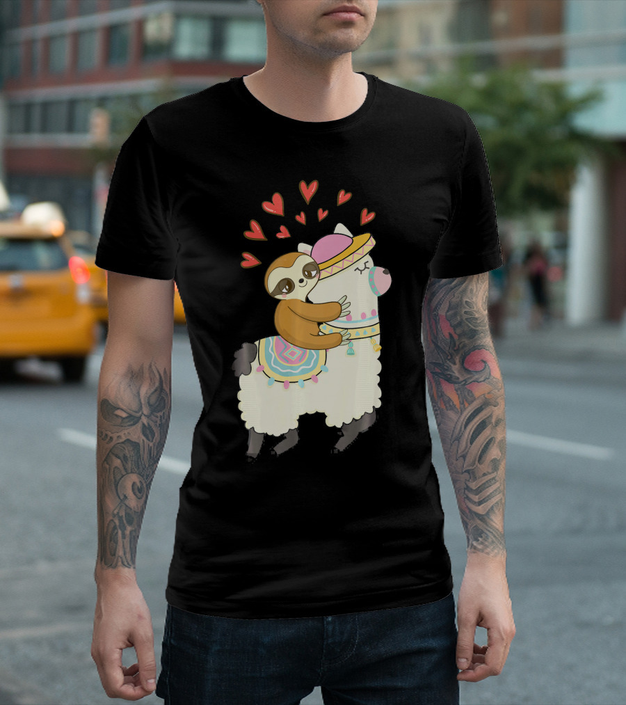 Cute Sloth Riding Llama Heart Va Love Llama Adventure T-Shirt