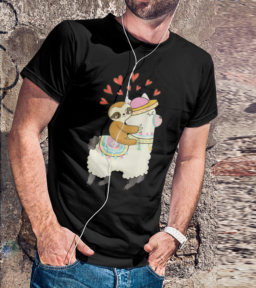 Cute Sloth Riding Llama Heart Va Love Llama Adventure T-Shirt