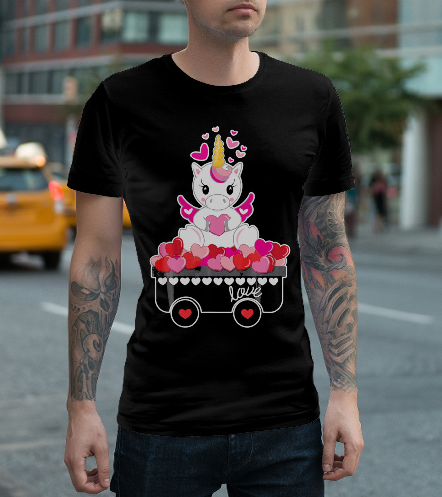 Valentines Day Unicorn Love Wagon with Hearts T-Shirt
