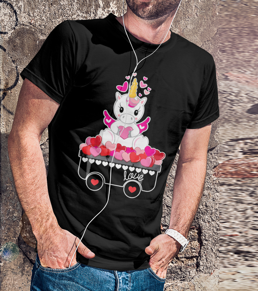 Valentines Day Unicorn Love Wagon With Hearts T-Shirt