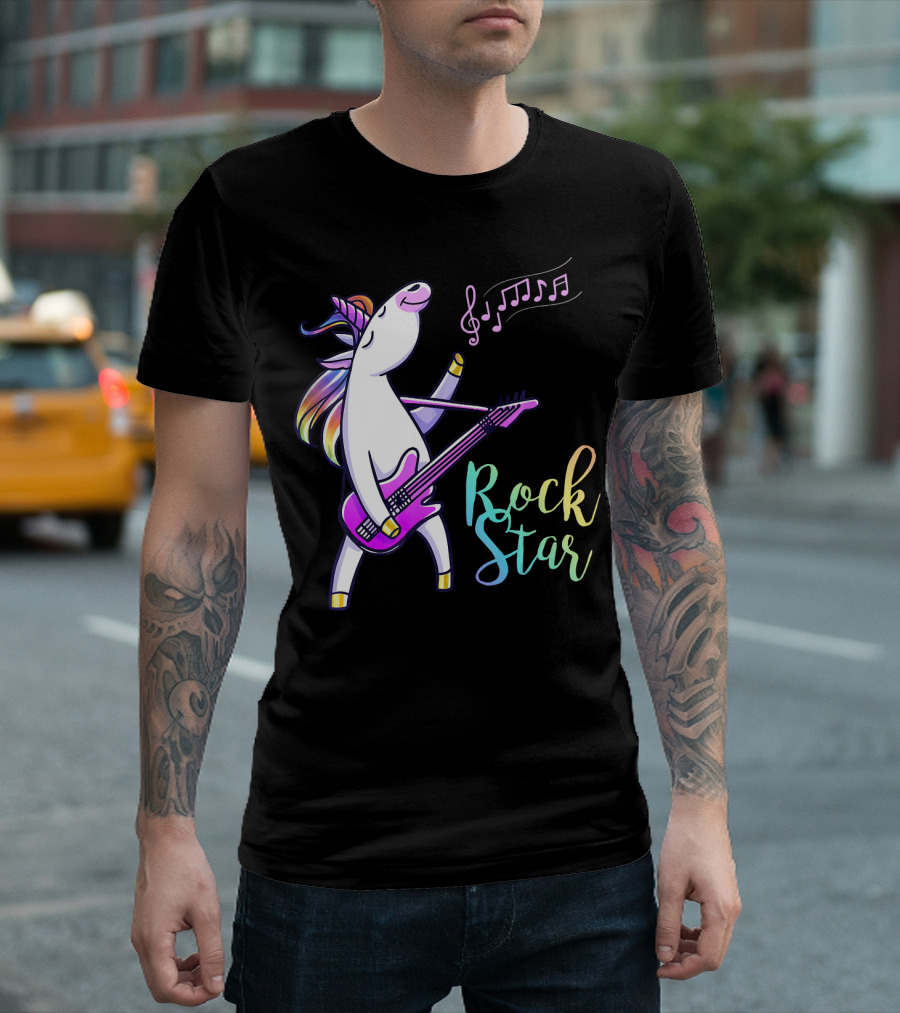 Unicorn Rock Star with Guitar and Musical Notes T-Shirt