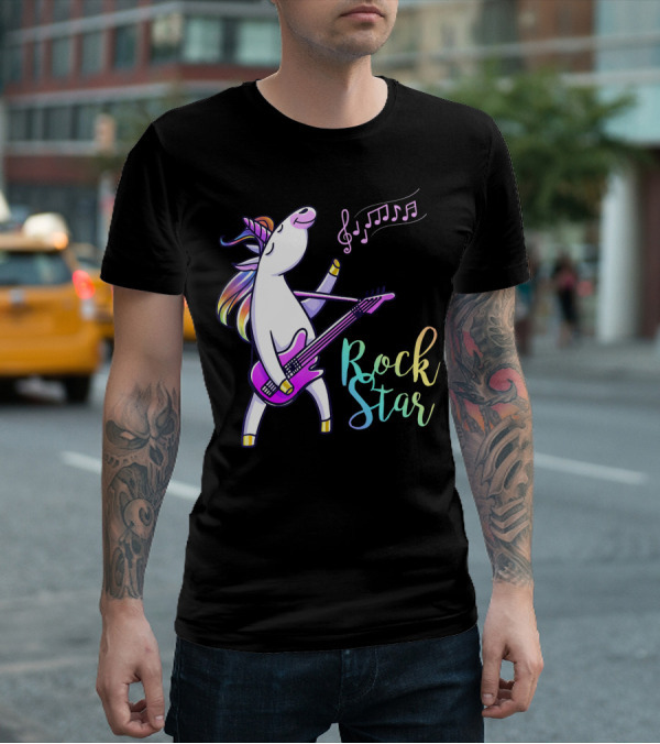 Unicorn Rock Star With Guitar And Musical Notes T-Shirt