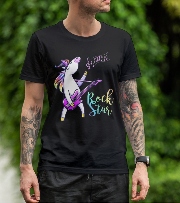 Unicorn Rock Star With Guitar And Musical Notes T-Shirt