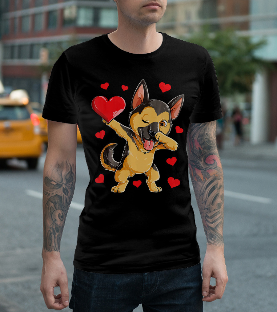Dabbing German Shepherd Holding Heart Surrounded by Red Valentines Hearts T-Shirt