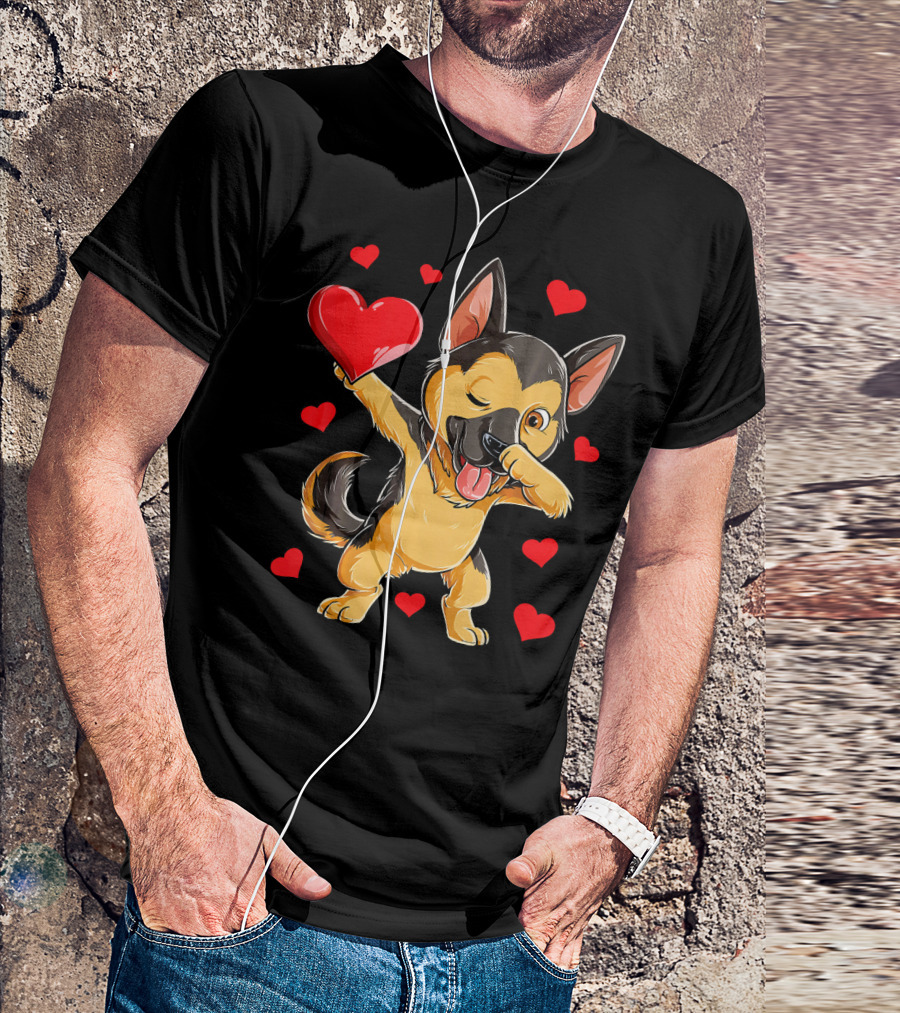 Dabbing German Shepherd Holding Heart Surrounded By Red Valentines Hearts T-Shirt