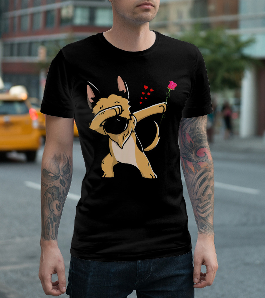 Dabbing German Shepherd with Rose and Hearts Valentines T-Shirt