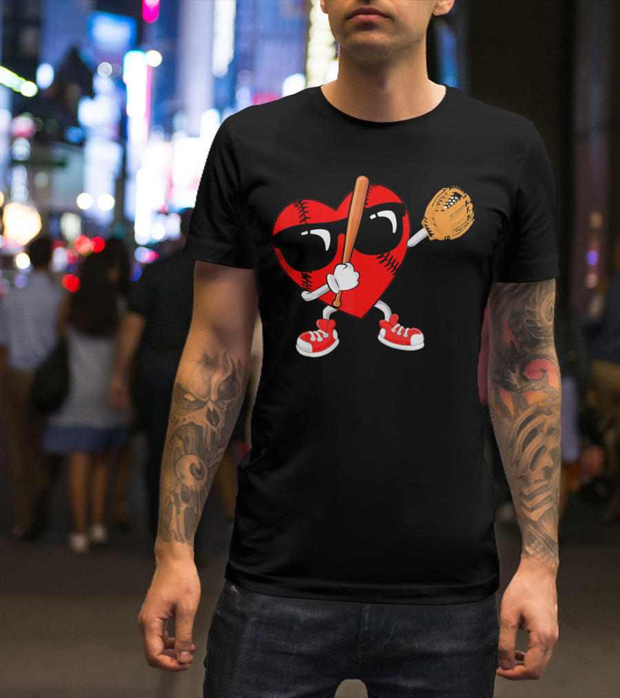 Dabbing Heart Baseball Love Valentines Sunglasses And Sneakers T-Shirt