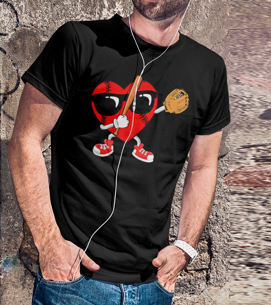 Dabbing Heart Baseball Love Valentines Sunglasses And Sneakers T-Shirt
