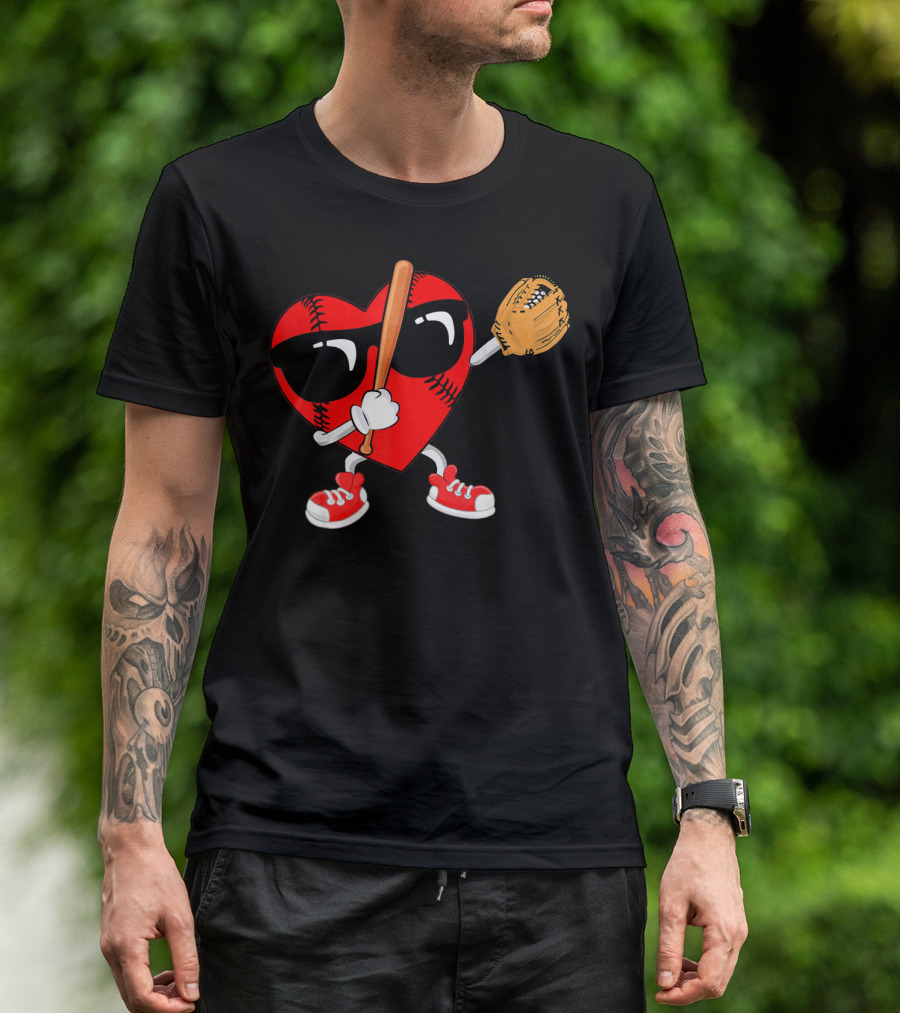 Dabbing Heart Baseball Love Valentines Sunglasses And Sneakers T-Shirt