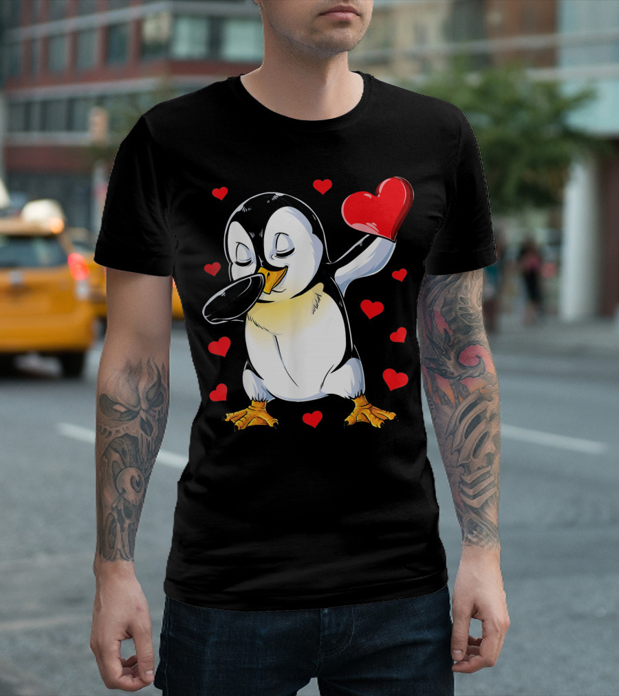 Valentines Dabbing Penguin With Heart Surrounded By Red Hearts T-Shirt