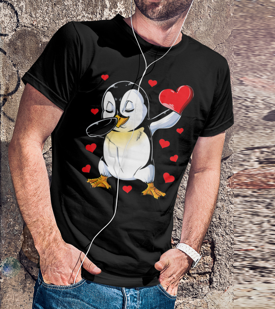 Valentines Dabbing Penguin With Heart Surrounded By Red Hearts T-Shirt