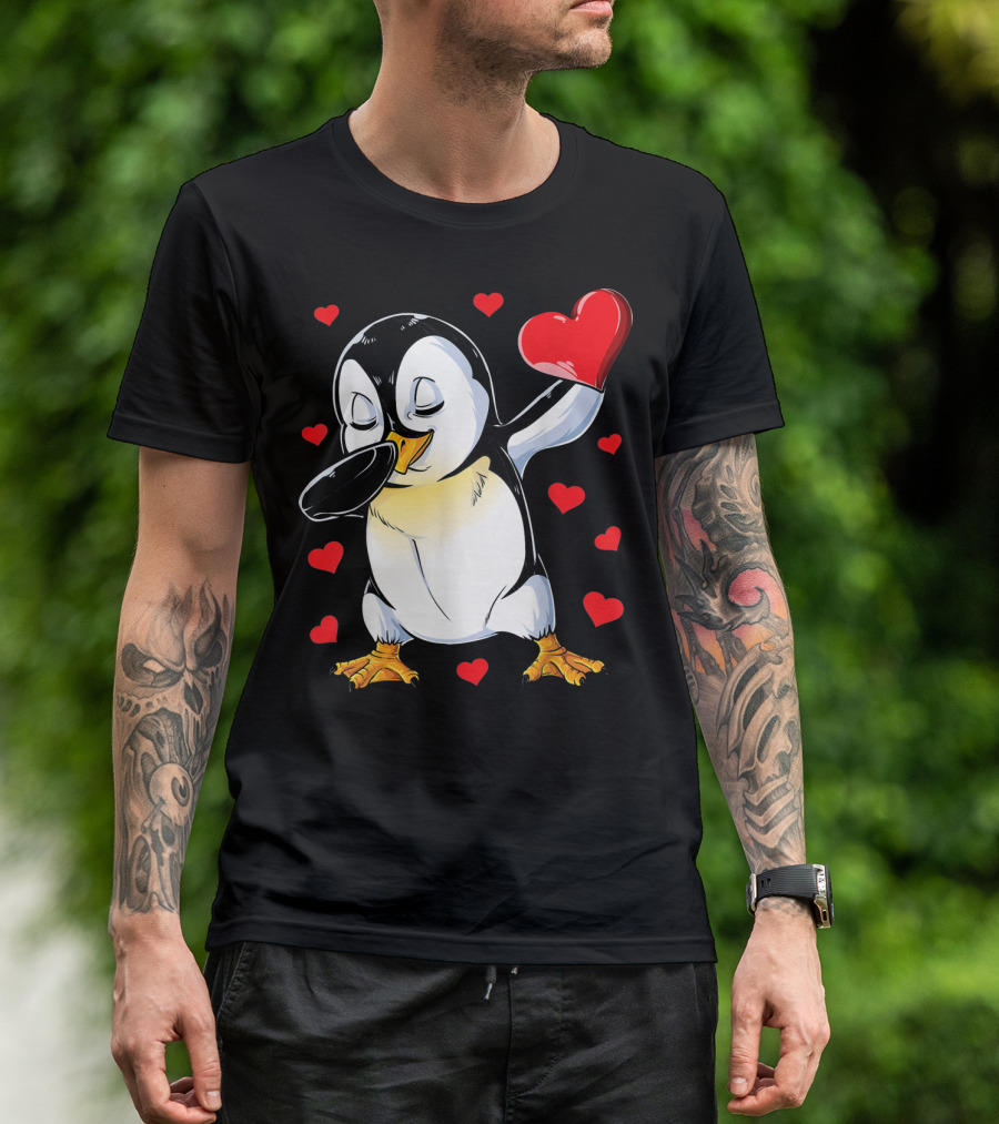 Valentines Dabbing Penguin With Heart Surrounded By Red Hearts T-Shirt