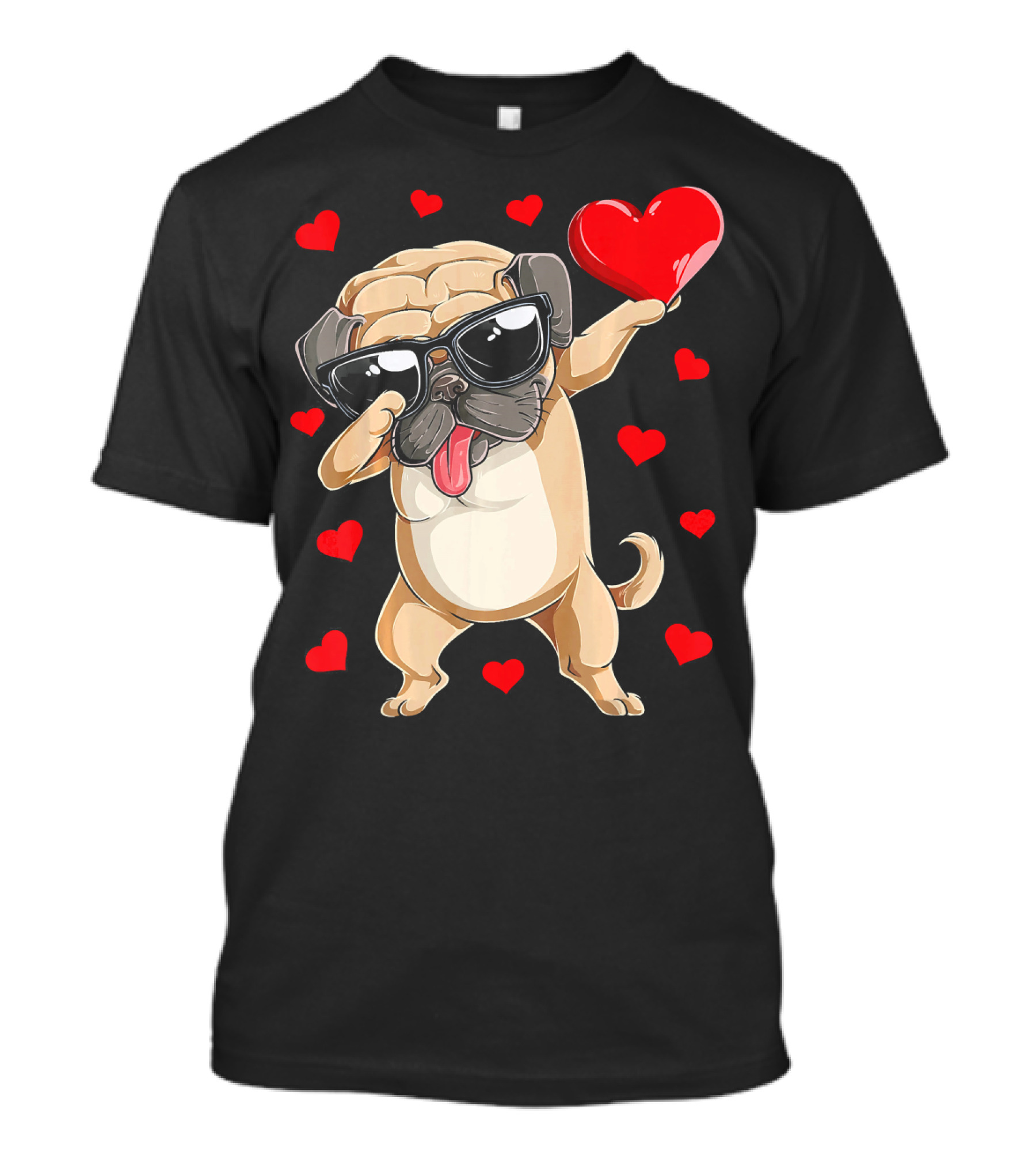 Dabbing Pug Holding Heart Surrounded By Red Hearts Valentines Day T-Shirt